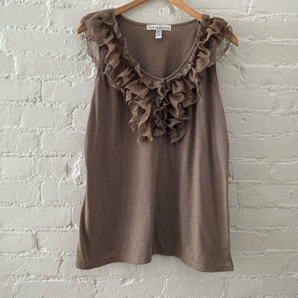 French Laundry Ruffle Front Sleeveless Top Blouse Brown Cottage Feminine Sz L